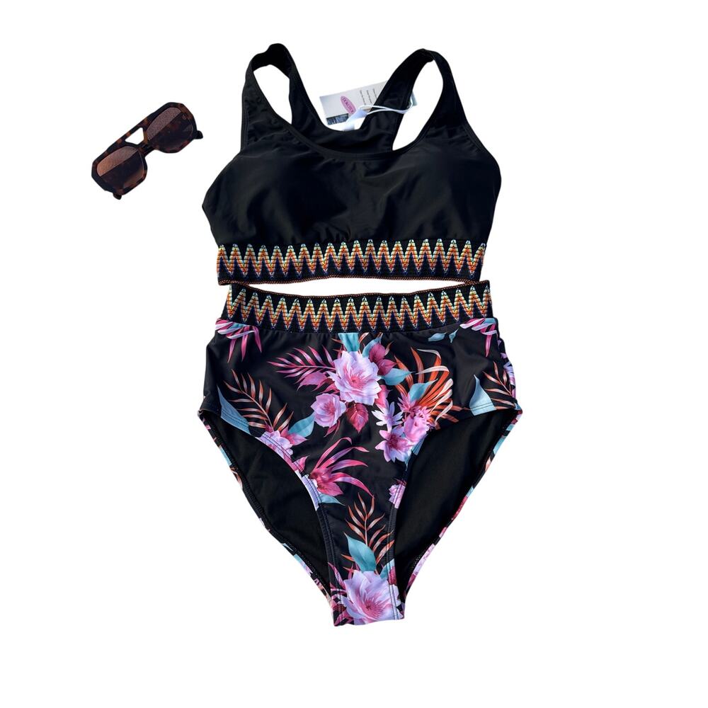 NWT, Women, High Waist Bikini Set, Black and Floral, Sz M